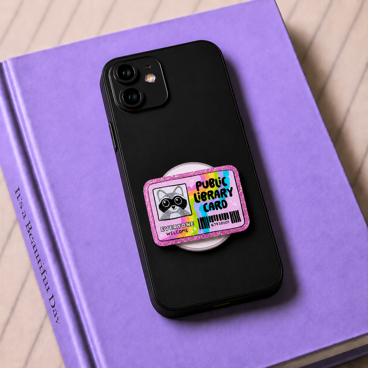 Raccoon Library Card Phone Tablet Grip