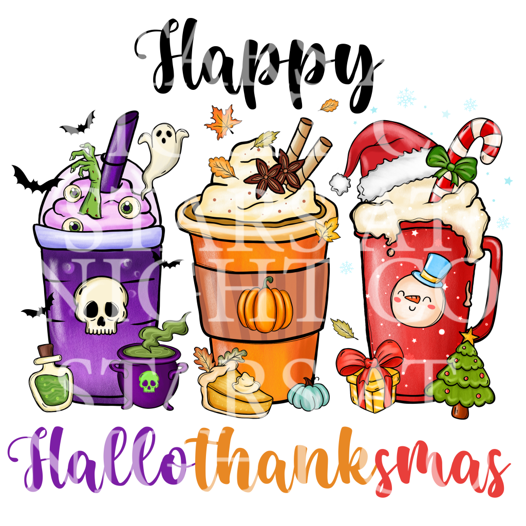 Happy Hallowthanksmas Iced Coffee DTF T-Shirt Transfer - Stars at Night Co