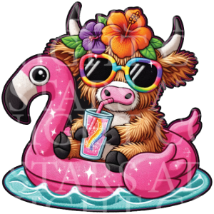 Highland Cow on Flamingo Charm Size Decal White Gloss Vinyl