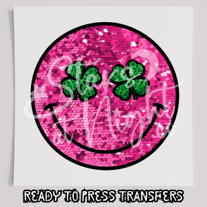 Faux Sequin Pink And Black Shamrock Smiley Face