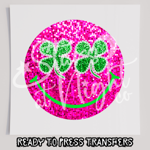 Faux Sequin Pink And Green Shamrock Smiley Face