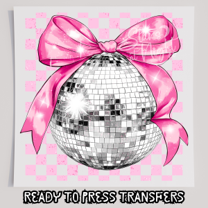 Faux Silver Disco Ball Pink Checkered Bow